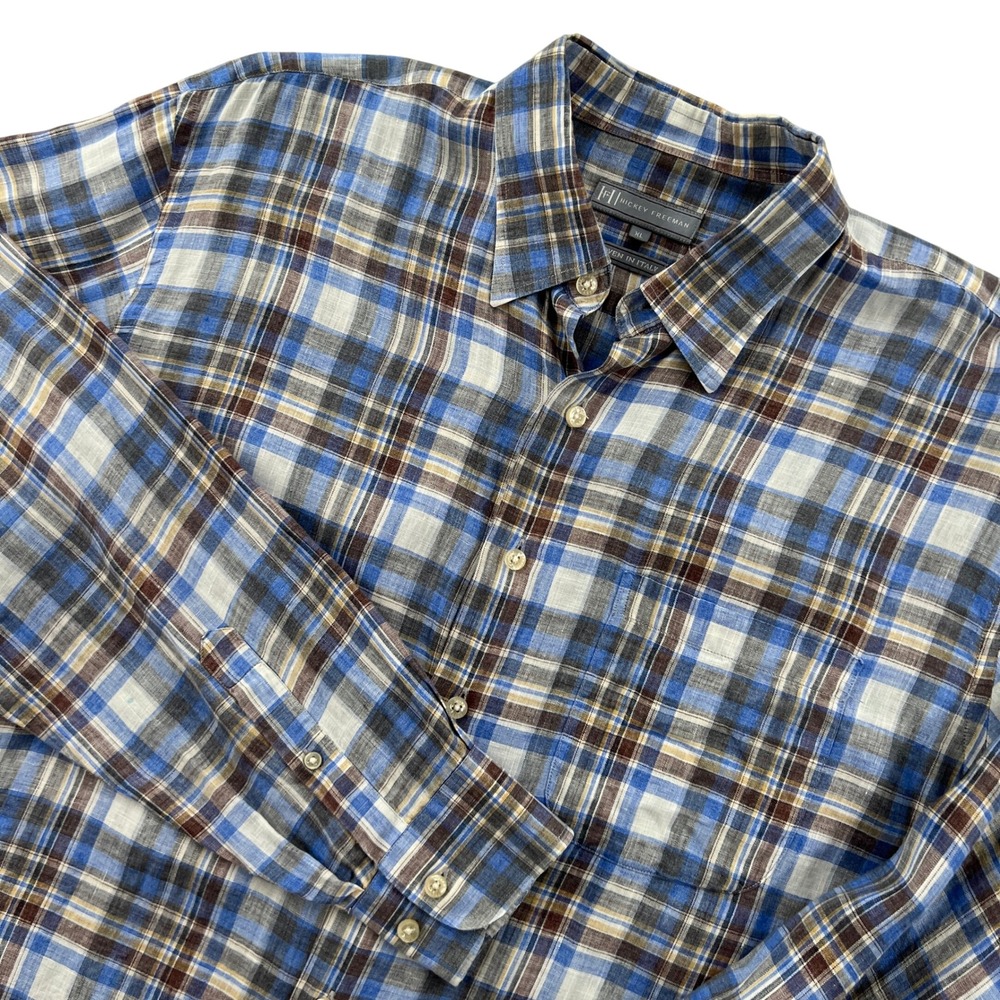 Hickey Freeman Linen Plaid Button‎ Down Shirt Mens XL Blue Brown Woven in Italy